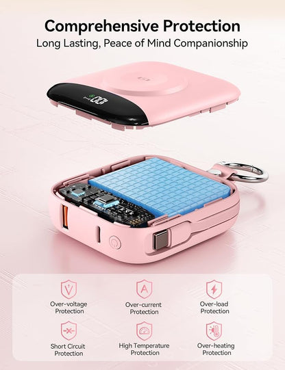 Portable Charger Power Bank, 10000mAh Fast Charging Power Bank with Built-in Cables, Travel Keychain Battery Pack with LED Display for iPhone Samsung Android iPad iWatch Charger 11/10/9/8/Ultra,Pink