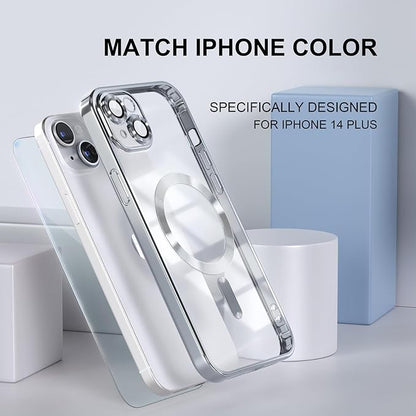 Misea Magnetic for iPhone 14 Plus Case Compatible with MagSafe [Never Yellowing] [Military Grade Drop Protection] Full Camera Lens Protector Plating Soft Clear Phone Case for Women Girls, Silver