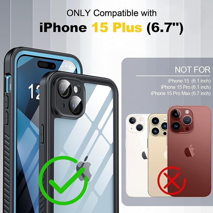 for iPhone 15 Plus Case Waterproof - Built-in Privacy Screen Protector & HD Screen Protector [IP68 Underwater] Shockproof Dustproof Full Body Protection iPhone 15 Plus Phone Case Blue