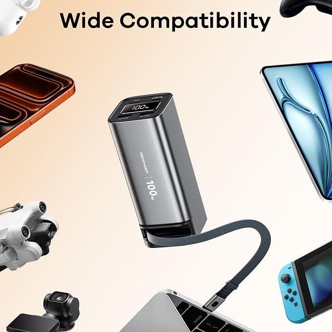 REWONDER 100W Fast Charging Power Bank 20000mAh with Built-in Retractable USB-C Cable, Portable Charger for MacBook Laptop, iPhone 17/16 Series, Samsung, TSA Approved for Air Travel