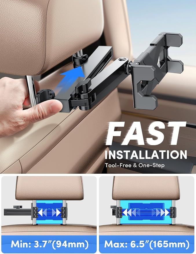 ELWEY iPad Holder for Car Backseat, Headrest Tablet Holder for Car Back Seat, [3 in 1 Extension Arm] Adjustable iPad Car Mount for Kids, for 4.7-13" Device Like iPad Pro, Air, Mini, Galaxy, Fire HD