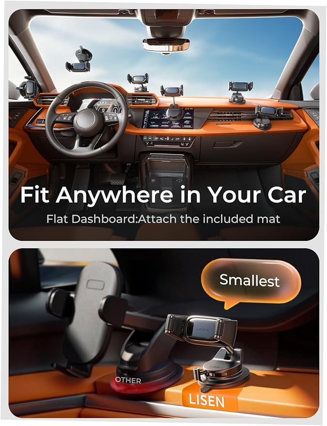 LISEN Suction Phone Mount, [Industry First] Auto-Adjusting Phone Holder Suction, Easy One Touch Suction Cup Phone Mount Cell Phone Mount Car Dash for iPhone 17 Pro Max 16 15 14 Galaxy S26 25 All Cases