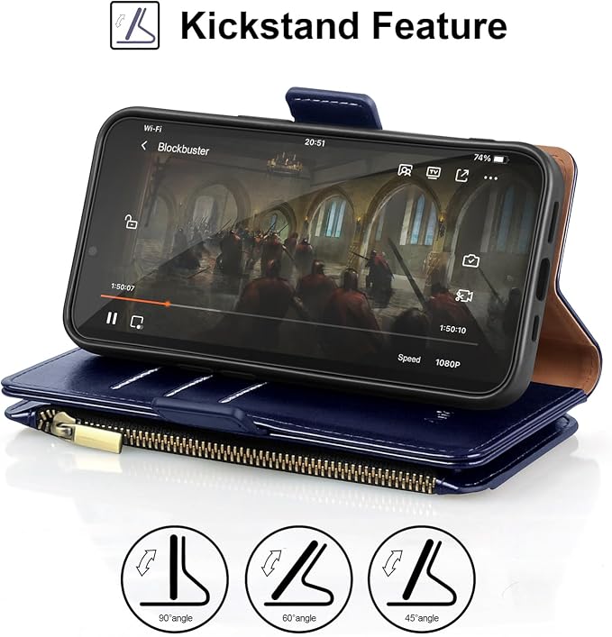 Antsturdy Compatible with iPhone 14 Wallet Case RFID Blocking,PU Leather Phone Case Women Men Flip Shockproof Cover with Wrist Strap Zipper Pocket Credit Card Holder Slots,for Apple 14 6.1" Dark Blue