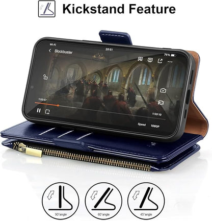 Antsturdy Compatible with iPhone 14 Wallet Case RFID Blocking,PU Leather Phone Case Women Men Flip Shockproof Cover with Wrist Strap Zipper Pocket Credit Card Holder Slots,for Apple 14 6.1" Dark Blue