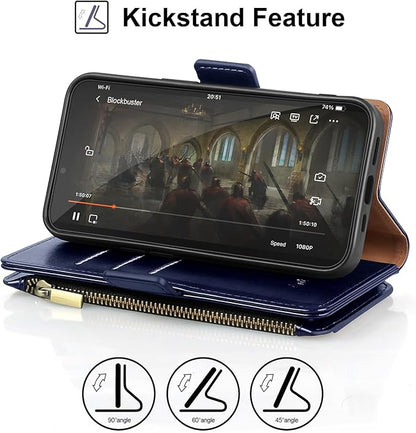 Antsturdy Compatible with iPhone 16 Plus Wallet Case,RFID Blocking PU Leather Phone Case Women Men Kickstand flip Cover Wrist Strap Zipper Credit Card Holder Slots for Apple 16 Plus 6.7",Dark Blue