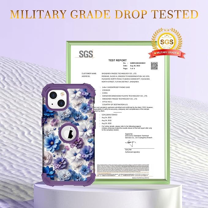 Hocase for iPhone 14 Case/iPhone 13 Case, Heavy Duty Shockproof Protection Soft Silicone Rubber+Hard Plastic Bumpers Hybrid Protective Case for iPhone 13/14 (6.1") - Blue Purple Flowers