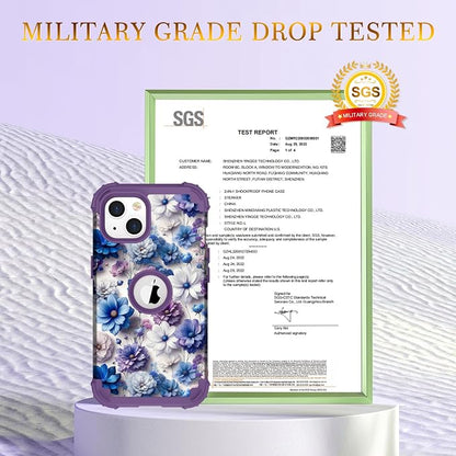 Hocase for iPhone 14 Case/iPhone 13 Case, Heavy Duty Shockproof Protection Soft Silicone Rubber+Hard Plastic Bumpers Hybrid Protective Case for iPhone 13/14 (6.1") - Blue Purple Flowers
