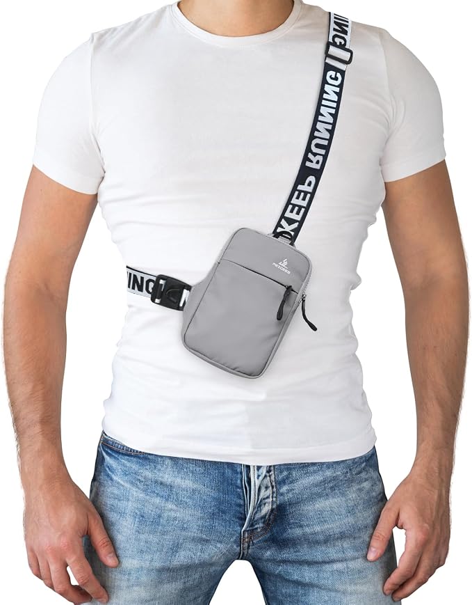 Peicees Mini Crossbody Sling Bag Chest Bag Dual Pocket Water Resistant Fanny Pack Running Phone Holder for Men Women Workout Travel, Grey