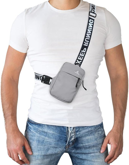 Peicees Mini Crossbody Sling Bag Chest Bag Dual Pocket Water Resistant Fanny Pack Running Phone Holder for Men Women Workout Travel, Grey