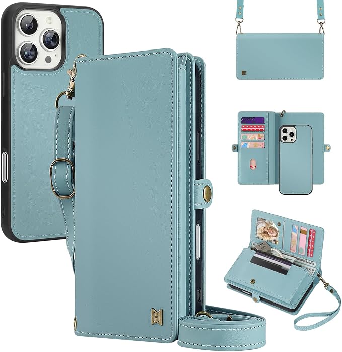 for Wallet Case Compatible with iPhone 12 Pro Max,Multi-Function Detachable 2 in 1 Magnetic iPhone 12 Pro Max Case Wallet,Flip Strap Zipper Card Holder Phone Case with Shoulder Straps (Blue)