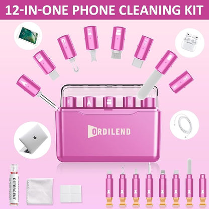 Ordilend for iPhone Cleaning Kit for Charging Port Cleaner, Multi-Tool iPhone Cleaner Repair Lightning Cable, Cell Phone Cleaning Kit for iPad, Connector, Speaker, Airpod with Storage Case, Pink