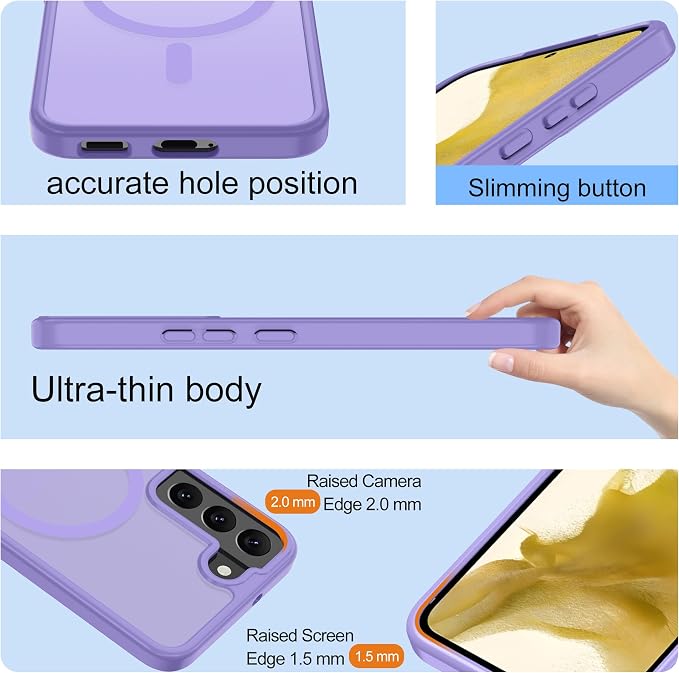 for Samsung Galaxy S22 Case [Compatible with Magsafe] Translucent Matte Magnetic Phone Case,Slim Thin Duty Shockproof Protection Cover with 2pc HD Screen Protector-Light Purple