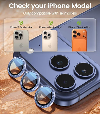 PandaShield 2-Pack Anti-Reflection Camera Lens Protector for iPhone 17/16/15 Pro & Pro Max, Easy Installation,9H Hardness, 98% Ultra Clarity, Maintains Original Lens Design -Glitter Blue