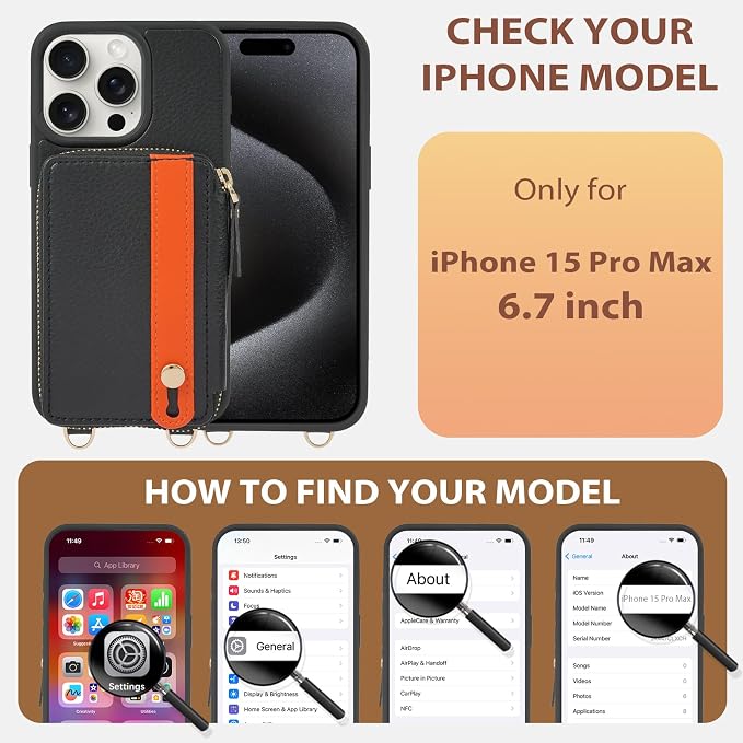 LAMEEKU for iPhone 15 Pro Max Wallet Case with Card Holder, Zipper Leather Crossbody Case with Kickstand Wrist Strap Lanyard for Women, Cover Phone Grip Holder Stand 6.7" -Black