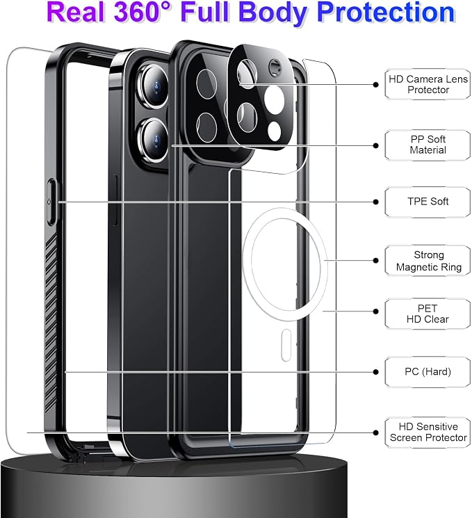 Temdan Compatible with iPhone 13 Pro Max Case Waterproof, Built-in Screen & Camera Protector IP68 Underwater Full Body 13FT Military Dropproof Shockproof Phone Case 6.7"-Black/Clear-Mag
