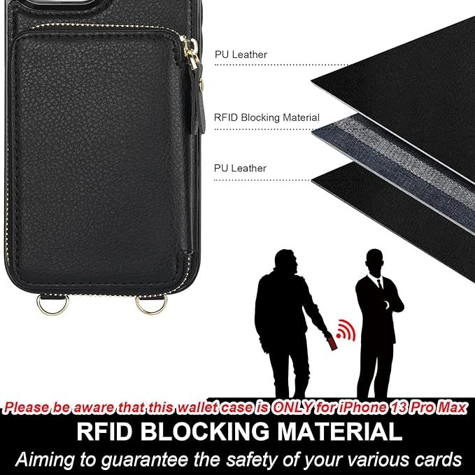 Bocasal for MagSafe Crossbody Wallet Case Compatible with iPhone 13 Pro Max, RFID Blocking Protective Purse Case with Card Slots Holder Kickstand Wrist Strap Lanyard Zipper 6.7 Inch 5G (Black)
