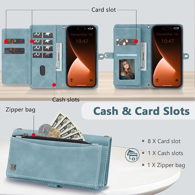 Wallet Case for iPhone 15 Pro with Card Holder/Crossbody Wallet/Strap| RFID Blocking | Magnetic | Kickstand | Detachable | PU Leather Phone Case for iPhone 15 Pro,6.1 in,Blue