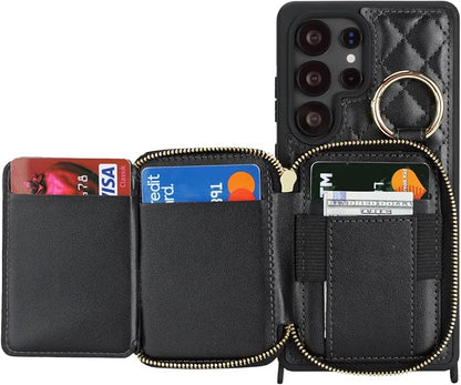 Crossbody Wallet Case for Galaxy S25 Ultra, PU Leather Zipper Handbag Purse Flip Cover, Kickstand Folio Case with Card Slots Holder Wrist Strap Lanyard -Black