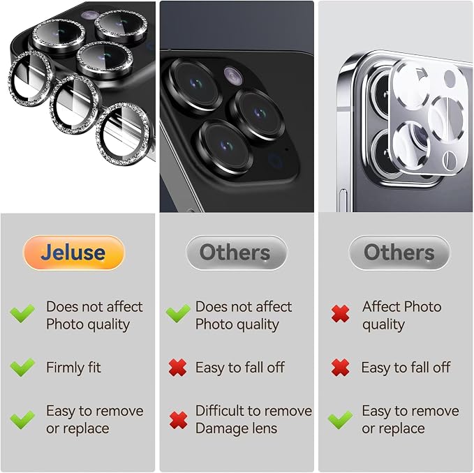Jeluse Camera Lens Protector for iPhone 17 Pro Max/17 Pro/16 Pro Max/16 Pro/15 Pro Max/15 Pro/14 Pro Max/14 Pro, 9H Tempered Glass Screen Protector Cover Alignment Kit Metal Individual Ring