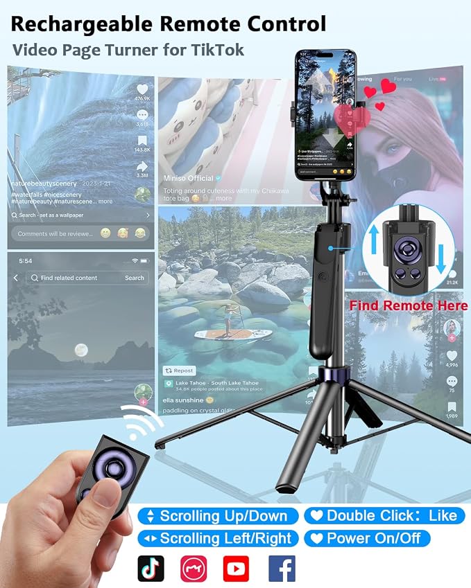 Vlogging Kit for iPhone/Android, 63”Auto Face Tracking Tripod for iPhone with Light, Wireless Microphones, Scrolling Remote Control for TikTok, Content Creator Kit for YouTube Starter