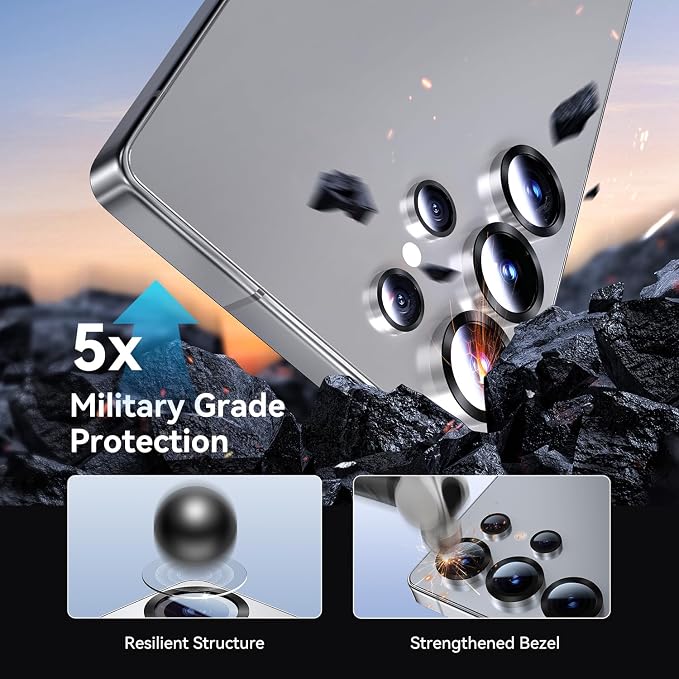 for Samsung S25 Ultra Camera Lens Protector, Easy Installation, Perfect Fit, 9H Shatterproof Tempered Glass with Aluminum Metal Circle Camera Protector, Case Friendly, Whitesilver