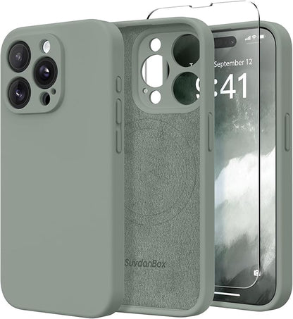 Magnetic for iPhone 12 Pro Max Case, Compatible with MagSafe, [Full Camera Protection][Screen Protector] Silicone Shockproof Protective Phone Case for iPhone 12 Pro Max 6.7", Calke Green