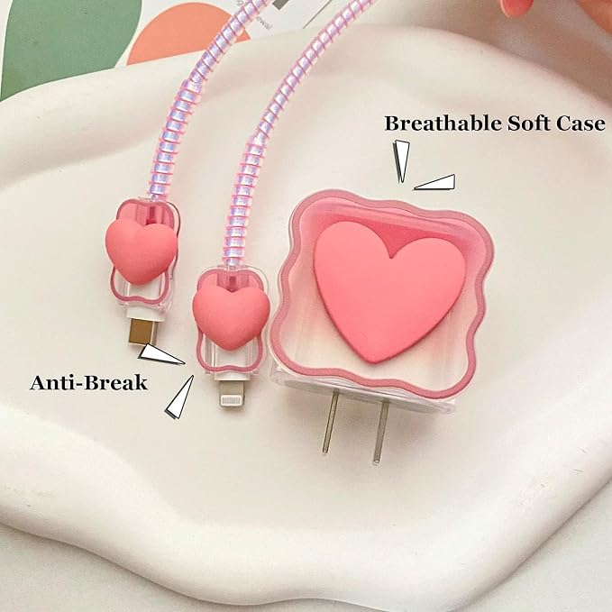DIY 5 in 1 18W/20W USB-C Power Adapter Charger Cover & Cable Protector Set, Soft TPU Charging Cables Protective Case Compatible with iPhone & MacBook Neo 13 Inch A18 Pro, Pink