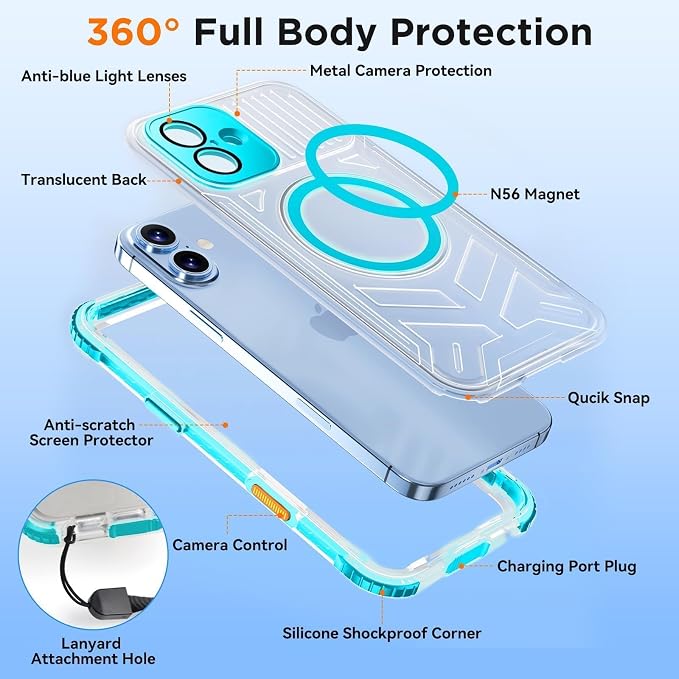 WIFORT for iPhone 16 Waterproof Case, [IP68 Underwater] [Blue Light Filter Lens] [15FT Military Shockproof], Fit for Magsafe Full Body Magnetic Frosted Phone Case with Lanyard, 6.1" Teal