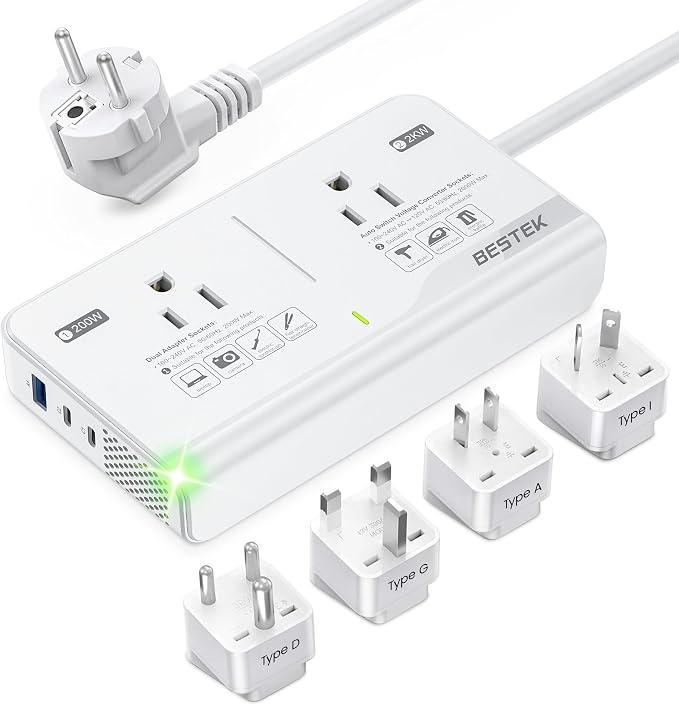 BESTEK 220V to 110V Voltage Converter US to Europe, 2000W Universal Travel Adapter with 2 USB C Ports & 1USB-A Port, International Travel Adapter for Hair Straightener