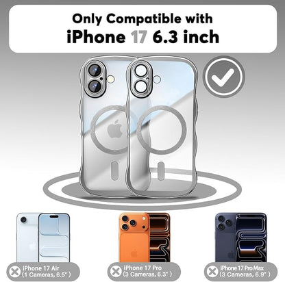 Misscase for iPhone 17 Case with Privacy Screen Protector,Compatible with MagSafe,Cute Wave Frame Anti-Scratch Case with Camera Lens Protector Plating Bling Case for iPhone 17 6.3" Women Silver