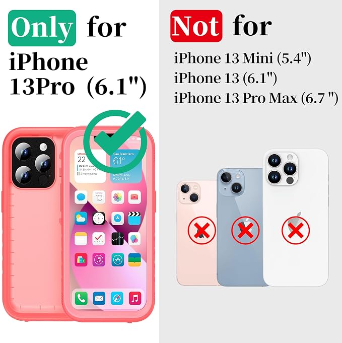 Cozycase Compatible with iPhone 13 Pro Waterproof Case - Full Body Dustproof Shockproof Rugged Waterproof Case for iPhone 13 Pro 6.1 Inch Pink