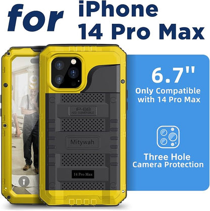 Mitywah Waterproof Case for iPhone 14 Pro Max, Heavy Duty Shockproof Case with Built-in Screen Protector, Full Body Underwater Protective Metal Case 6.7 inch, Yellow