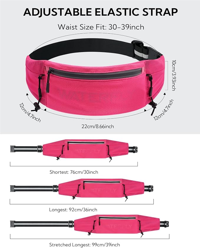 WATERFLY Running Belt Fanny Pack: Breathable 3 Pocket Waist Bag for Men Women Workout Exercise Fitness Phone Holder Fits All Phones - Runner Marathon Jogging Race Belt with Bib Clip Pink