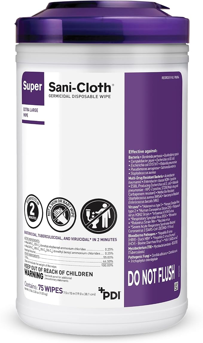 Super Sani- Cloth Germicidal Disposable Wipe, X-Large 5'' x 8'' Wipe, Pop Up Dispenser of 65