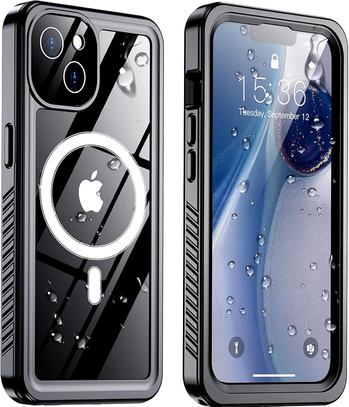 Temdan Magnetic for iPhone 13 Case Waterproof, Built-in Screen Protector[IP68 Underwater][Compatible with MagSafe][Full Body Shockproof][Military Dropproof] Protective Case for iPhone 13-Black/Clear