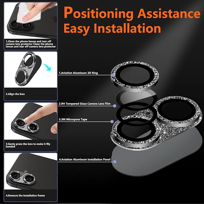Camera Lens Protector for iPhone 16/iPhone 16 Plus, Bling Glitter Camera Cover with 9H Tempered Glass Metal Ring, Anti-Scratch Lens Protector for iPhone 16/iPhone 16 Plus (Glitter - Black)