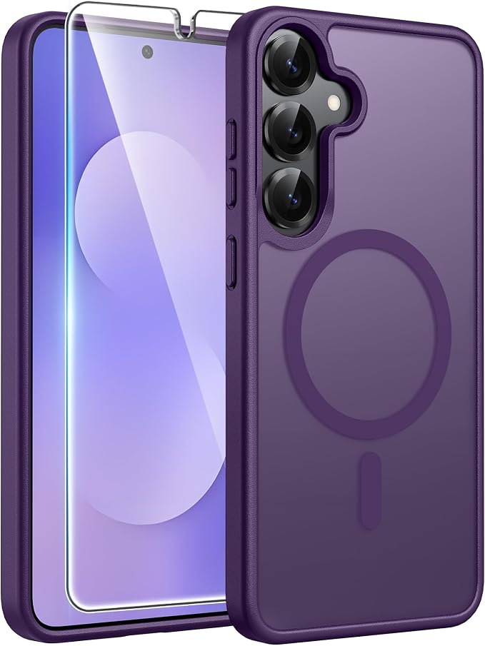 FNTCASE for Samsung Galaxy S25/S24 Plus Case, Fit Magsafe, Screen Protector | Translucent Matte Magnetic Back, 14FT Military Grade Drop Protection, Shockproof Protective Phone Cover, Purple