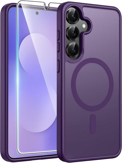 FNTCASE for Samsung Galaxy S25/S24 Plus Case, Fit Magsafe, Screen Protector | Translucent Matte Magnetic Back, 14FT Military Grade Drop Protection, Shockproof Protective Phone Cover, Purple