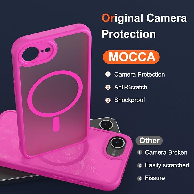 MOCCA Strong Magnetic for iPhone 17e Case/iPhone 16e Case [Compatible with Magsafe] [Full Camera Protection] Slim Translucent Matte Shockproof Phone Case for iPhone 17e / 16e 6.1", Hot Pink