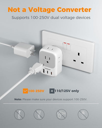 TESSAN UK Adapters for Travel 3 Pack, Type G Plug Adapter | PD 20W, 4 AC Outlets, 3 USB Ports (2 USB C), US to UK Ireland England London Dubai Scotland Hong Kong UAE, For Travel
