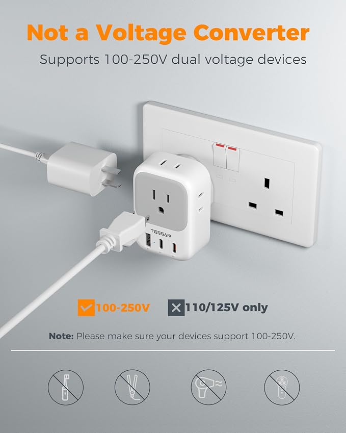 TESSAN UK Travel Adapters PD 20W, 2 Pack Type G | 4 Outlets 3 USB (2 USB-C), US to UK Ireland London Scotland England, Kenya Dubai Singapore Hong Kong