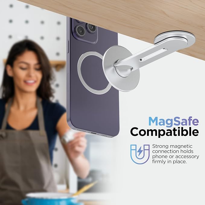 GALVANOX Magnetic Phone Holder, Fold-Away Swivel Stand Compatible with MagSafe for iPhone 12,13,14,15, 16 Pro Max | Bedroom Nightstand, Desk, Kitchen and More (Low Profile Sidemount/Under-Mount)