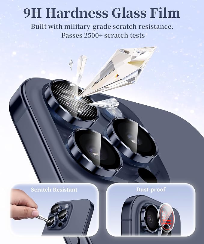 GolbinBox Camera Lens Protector for iPhone 15 Pro/15 Pro Max, 1:1 Invisible Fit, 9H Tempered Glass Ultra HD Metal Individual Camera Cover, Case Friendly, Deep Blue