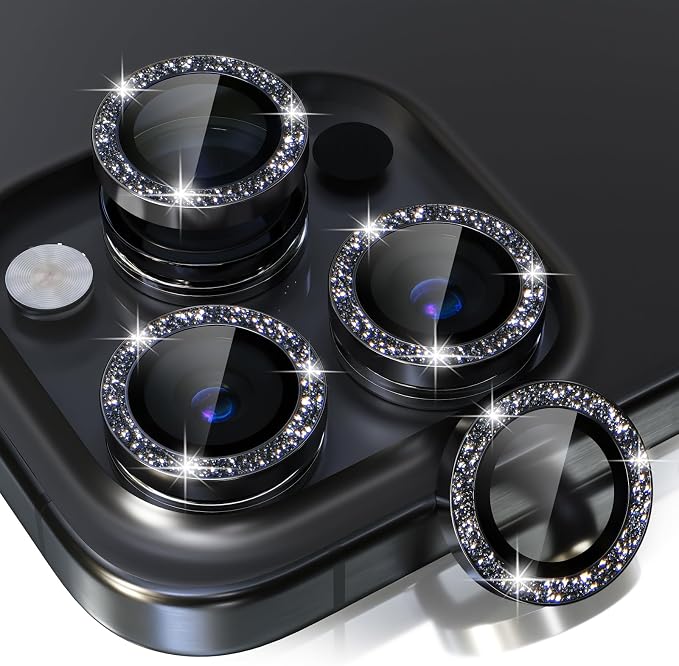 Choiche Compatible for iPhone 15 Pro/iPhone 15 Pro Max Camera Lens Protector Bling, 9H Tempered Glass Camera Cover Screen Protector Metal Ring Decoration Accessories (Glitter-Black)