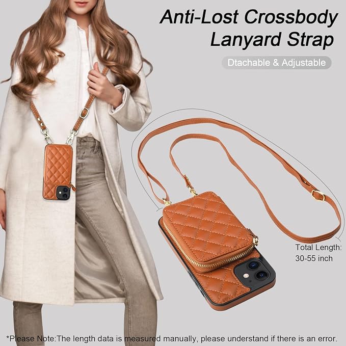 Bocasal Crossbody Wallet Case for iPhone 12/12 Pro, RFID Blocking PU Leather Zipper Handbag Purse Flip Cover, Kickstand Folio Case with Card Slots Holder Wrist Strap Lanyard 5G 6.1 Inch (Brown)