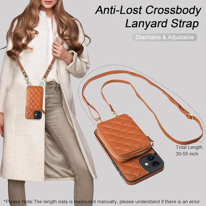 Bocasal Crossbody Wallet Case for iPhone 12/12 Pro, RFID Blocking PU Leather Zipper Handbag Purse Flip Cover, Kickstand Folio Case with Card Slots Holder Wrist Strap Lanyard 5G 6.1 Inch (Brown)