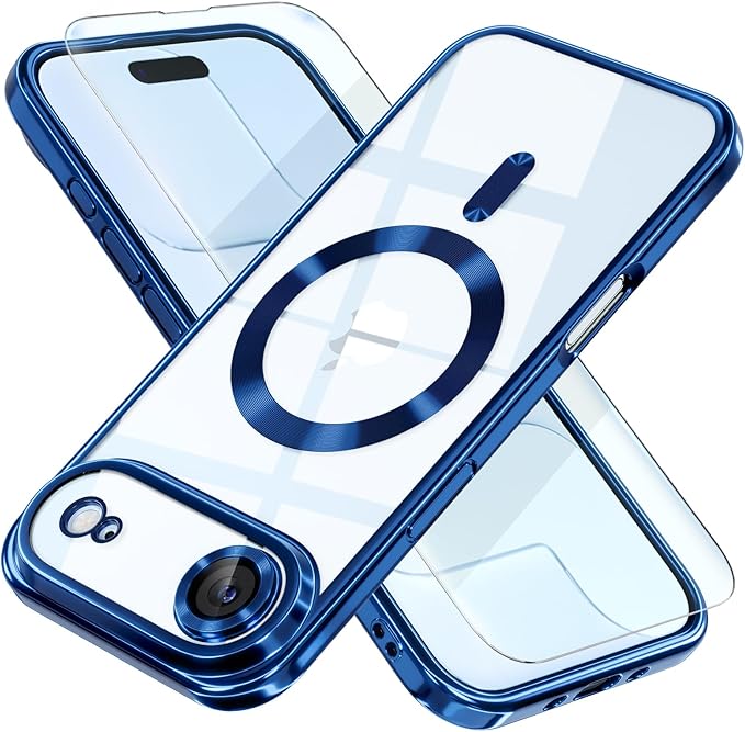 Misea Magnetic for iPhone 17 Air Case Compatible with MagSafe [Never Yellowing] [Military Grade Drop Protection] Full Camera Lens Protector Plating Soft Clear Phone Case for Women, Deep Blue