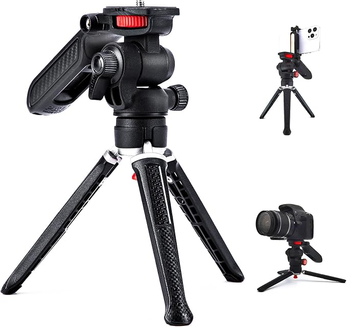 Mini Tripod for Camera, Small Camera Stand Tripod Phone Holder for Video Recording Vlogging Handle Grip with Cell Phone Mount, Cold Shoe Selfie Stick for iPhone Webcam Projector Camera