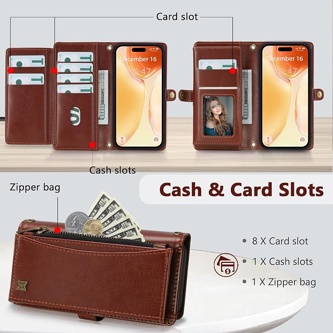 Wallet Case for iPhone 15 with Card Holder/Crossbody Wallet/Strap| RFID Blocking | Magnetic | Kickstand | Detachable | PU Leather Phone Case for iPhone 15,6.1 in,Brown
