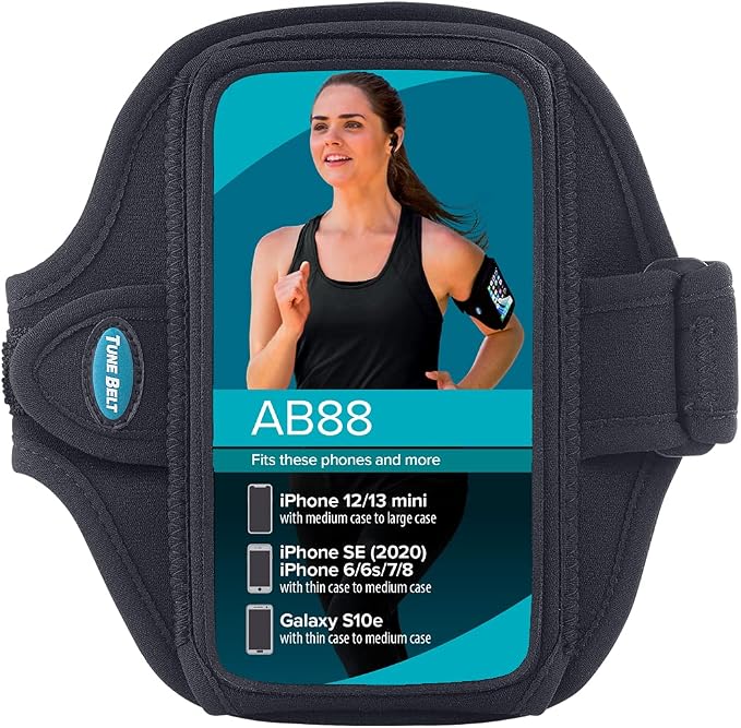 Tune Belt AB88 Cell Phone Running Armband Holder, Pocket Size fits OtterBox Commuter or Similar Case for iPhone 12/13 mini, SE 2020 and iPhone X/XS, Water Resistant (Black)